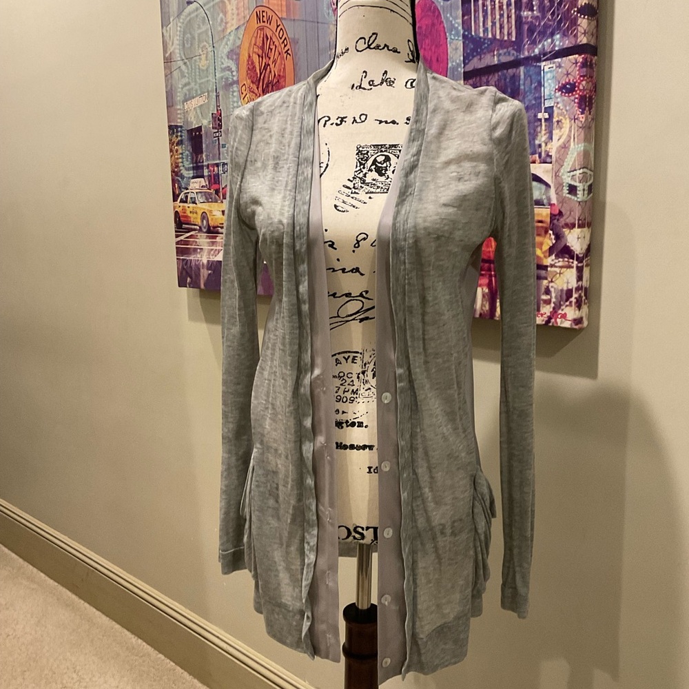 Gray Open Front Cardigan Sweater with Long Sleeves